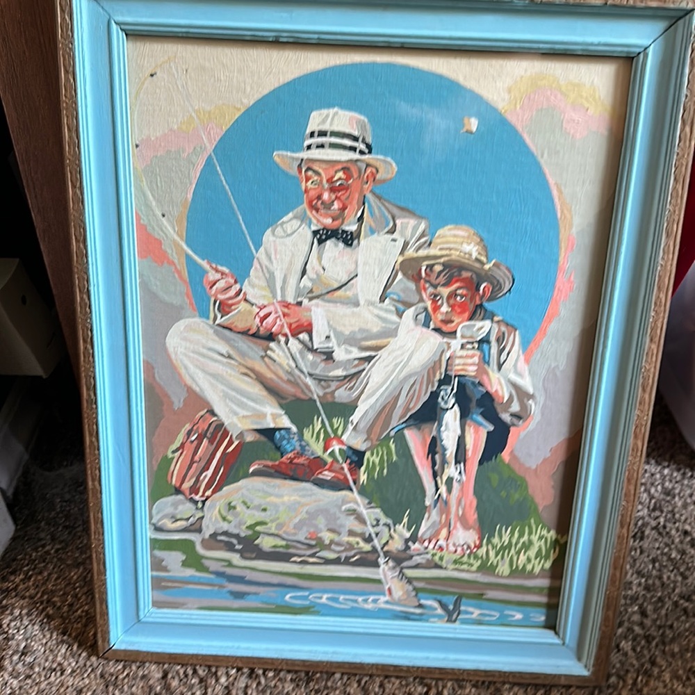 Vintage ONE OF A KIND Rockwell Paint by Number Grandpa and boy Fishing